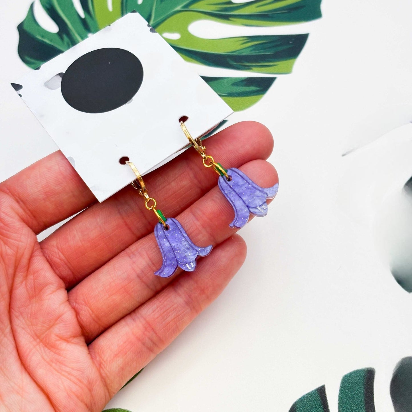 Blue Glitter Marble Bluebell Flower Dangle Earrings