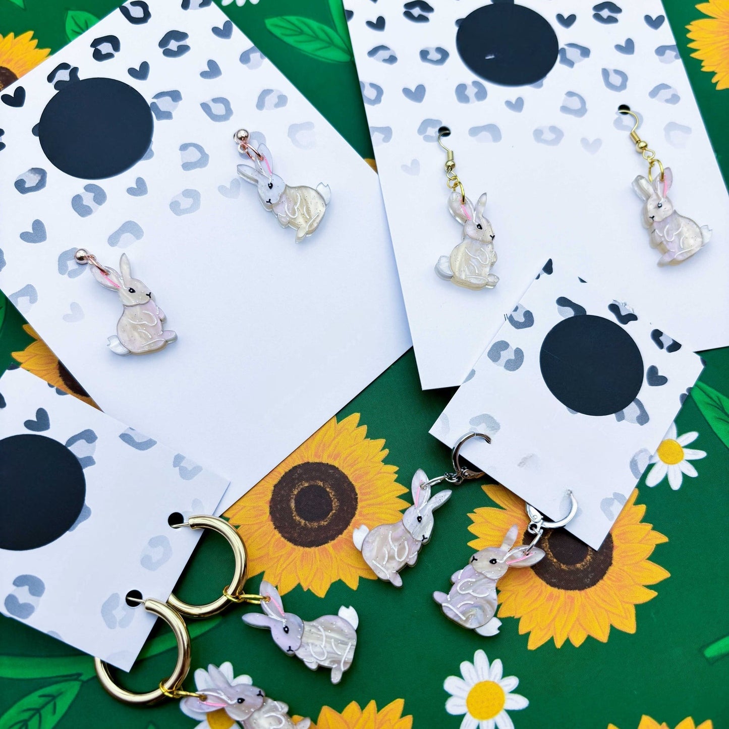 Beige Glitter Marble Bunny Rabbit Acrylic Dangle Earrings