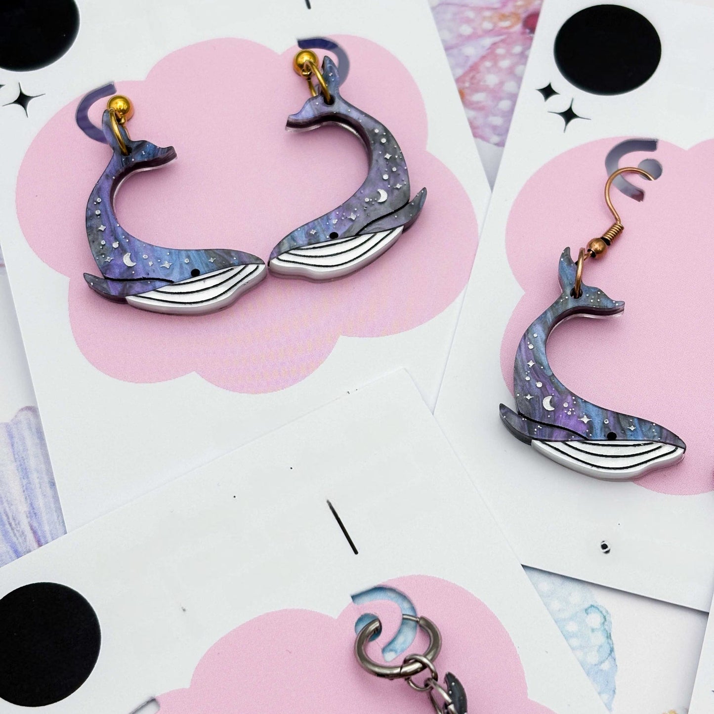 Grey Blue Glitter Marble Celestial Whale Acrylic Dangle Earrings