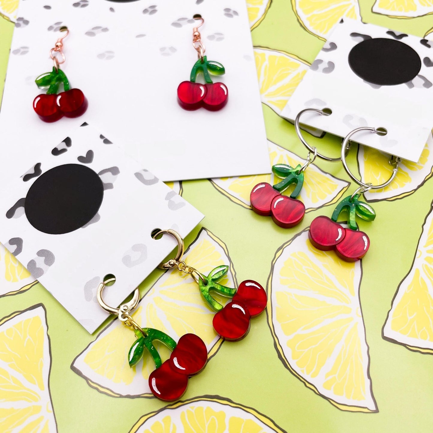 Deep Red Marble Cherry Acrylic Dangle Earrings