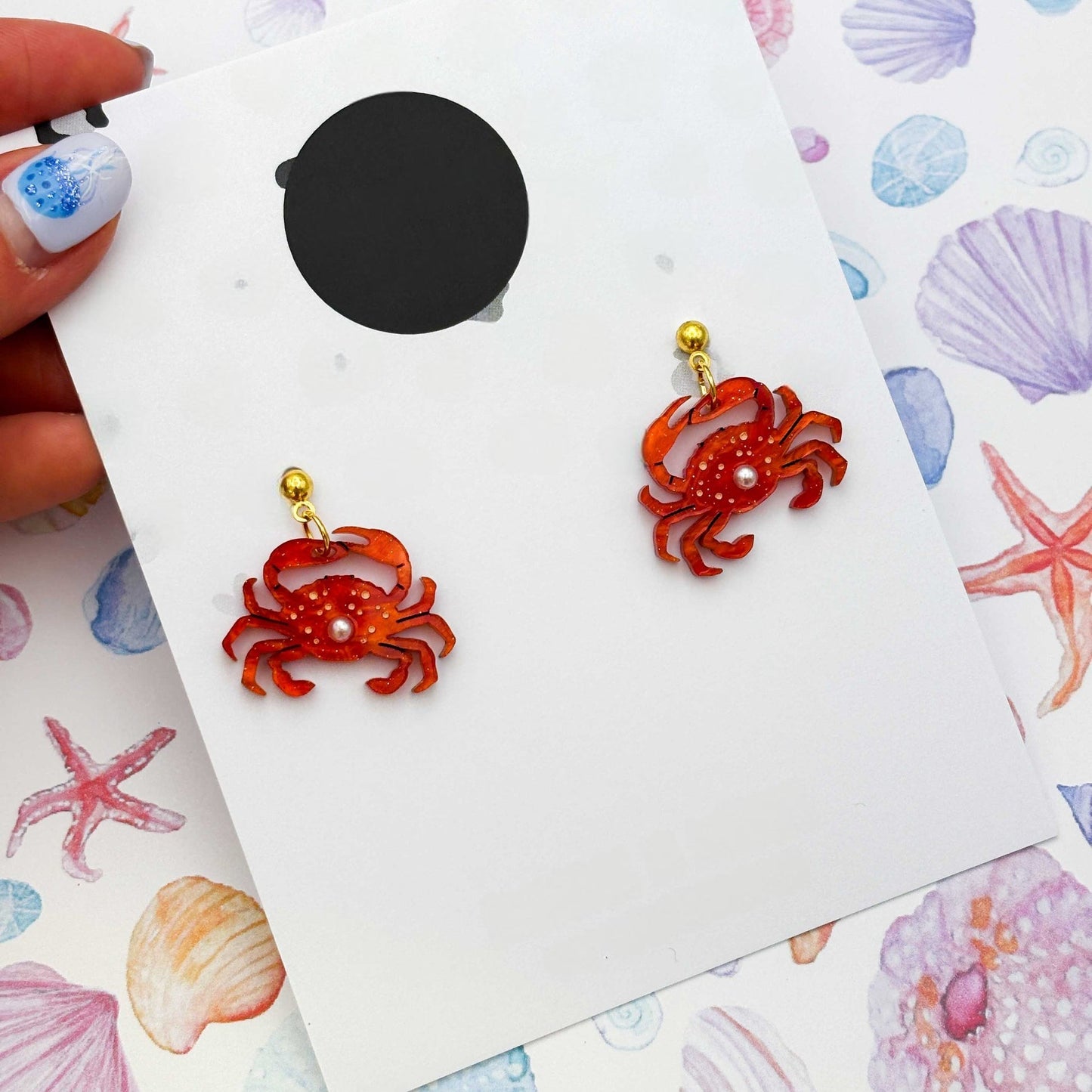 Bright Orange Crab & Pearl Acrylic Dangle Earrings