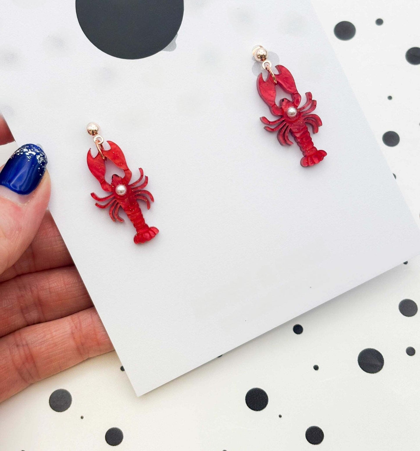 Red Glitter Marble Lobster & Pearl Acrylic Dangle Earrings