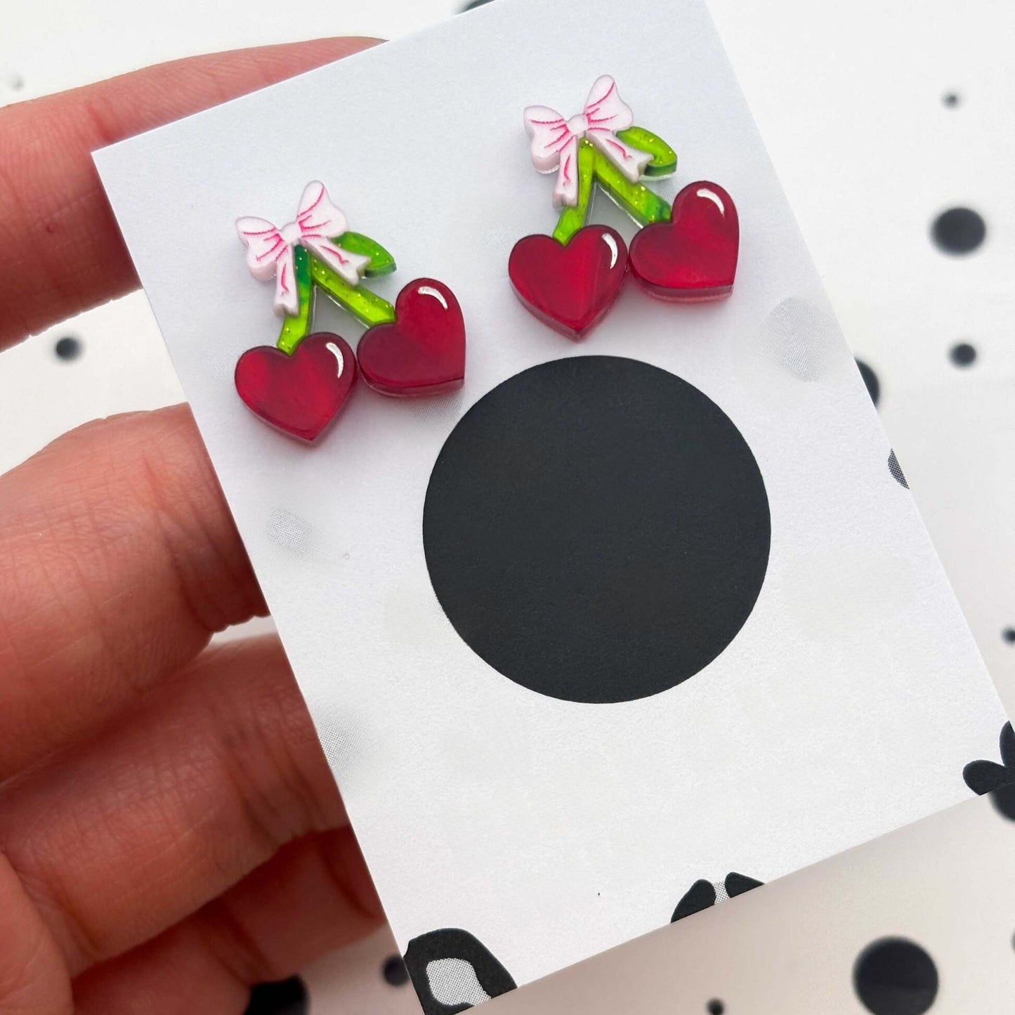 Red Heart Cherry & Pink Bow Acrylic Stud Earrings