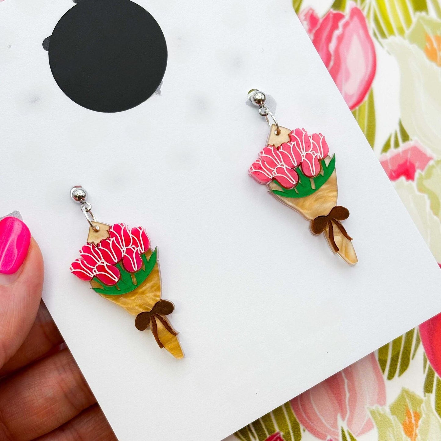Hot Pink Tulip Bouquet Acrylic Dangle Earrings