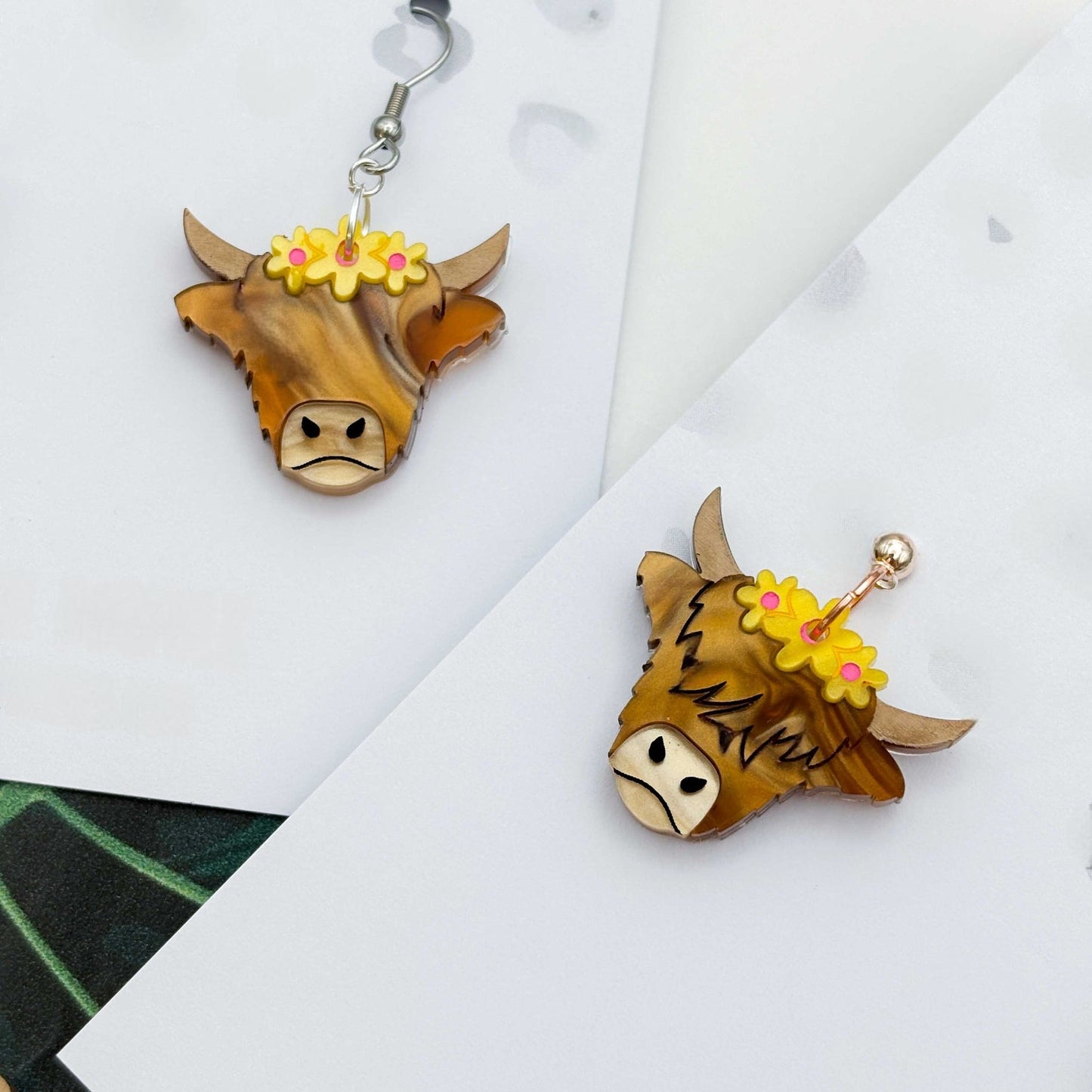 Yellow Flower Highland Cow Acrylic Dangle Earrings