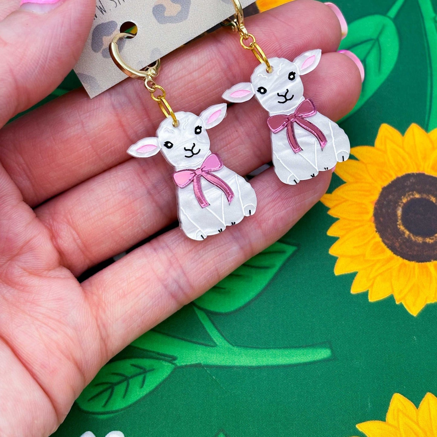 White Marble Lamb with Pink Bow Acrylic Dangle Earrings