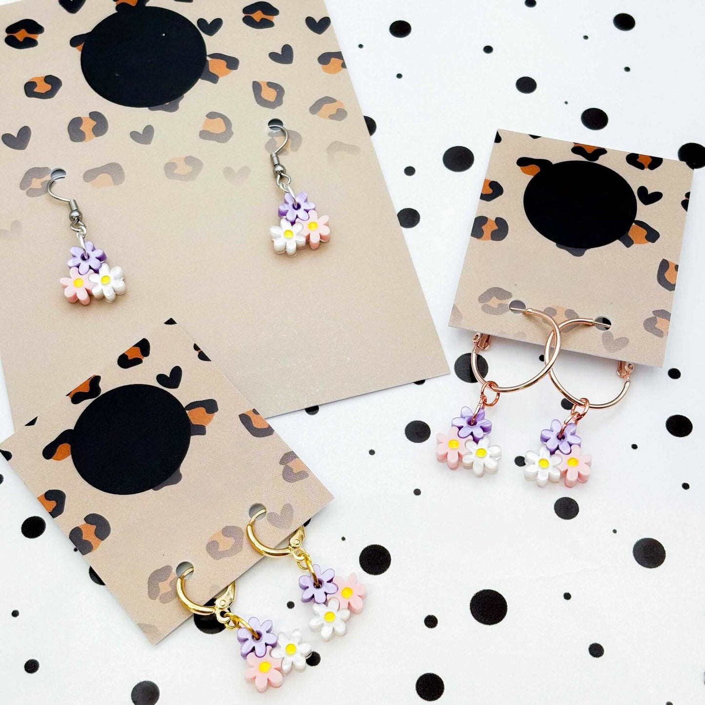 Lilac Pink & White Trio of Daisy Acrylic Dangle Earrings
