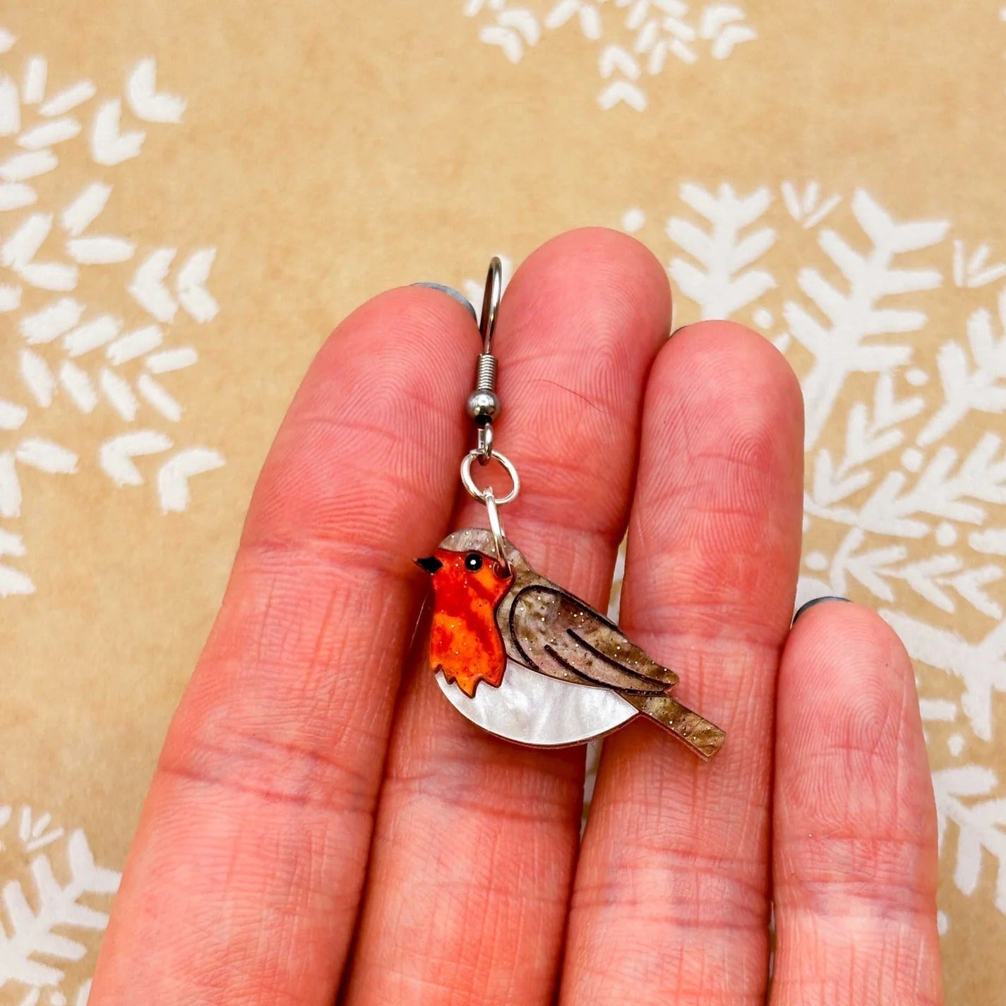 Robin Red Breast Marble Acrylic Bird Dangle Earrings