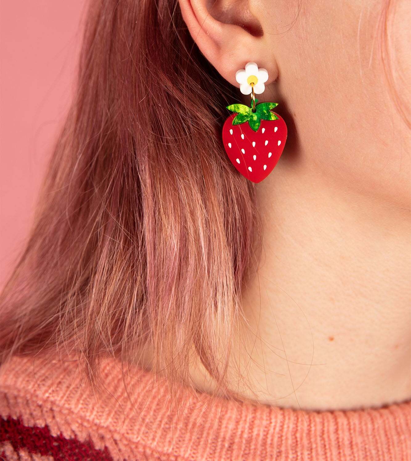Green Glitter Marble & Red Strawberry Acrylic Flower Dangle Earrings