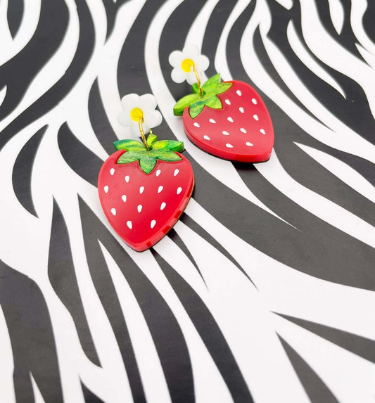 Green Glitter Marble & Red Strawberry Acrylic Flower Dangle Earrings