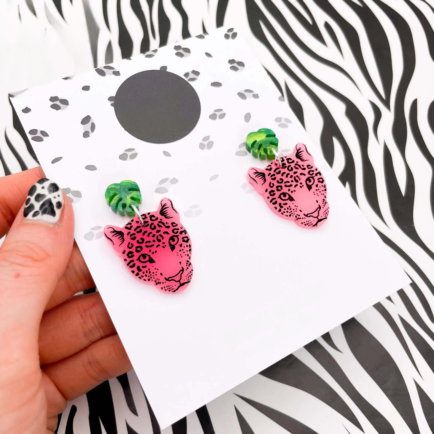 Neon Pink Leopard Face & Monstera Leaf Acrylic Dangle Earrings
