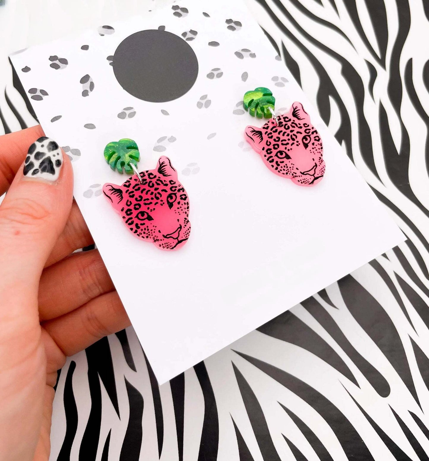 Neon Pink Leopard Face & Monstera Leaf Acrylic Dangle Earrings