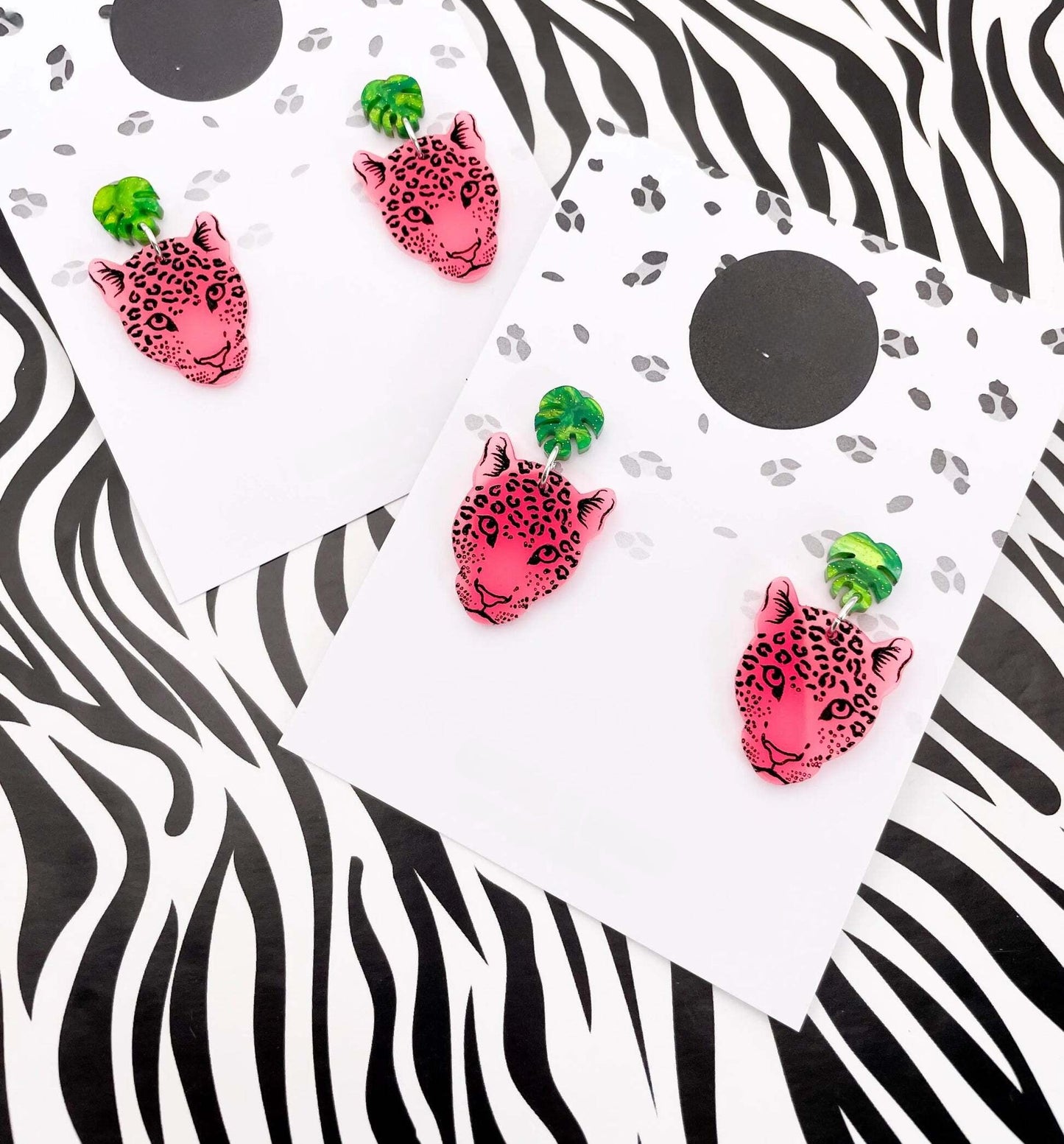 Neon Pink Leopard Face & Monstera Leaf Acrylic Dangle Earrings