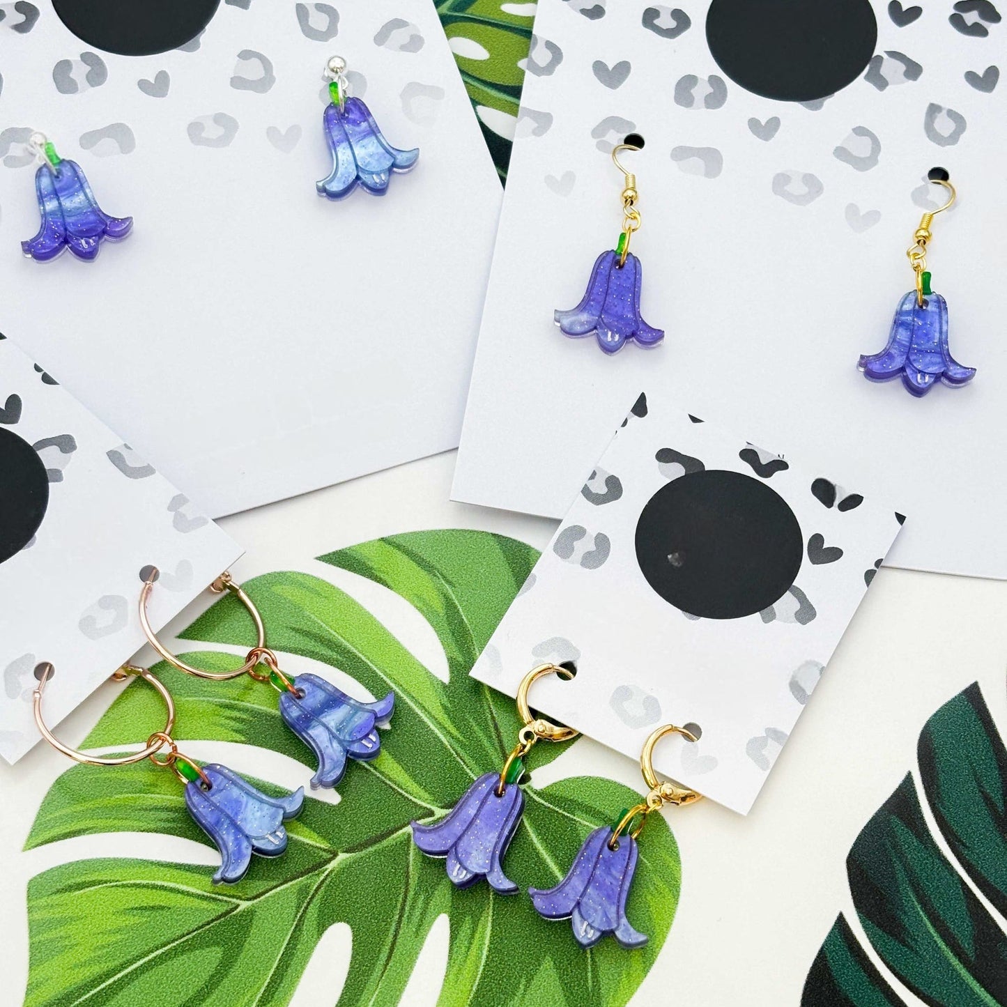 Blue Glitter Marble Bluebell Flower Dangle Earrings