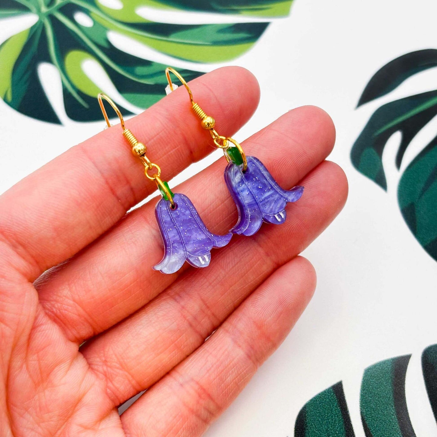 Blue Glitter Marble Bluebell Flower Dangle Earrings
