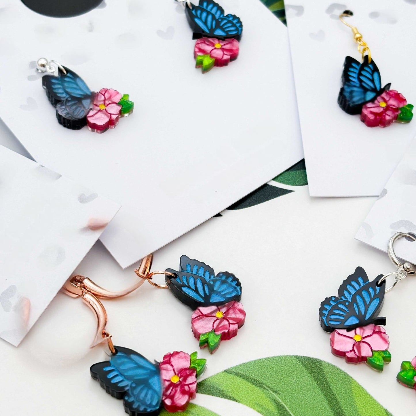 Blue Butterfly & Hot Pink Flower Acrylic Dangle Earrings