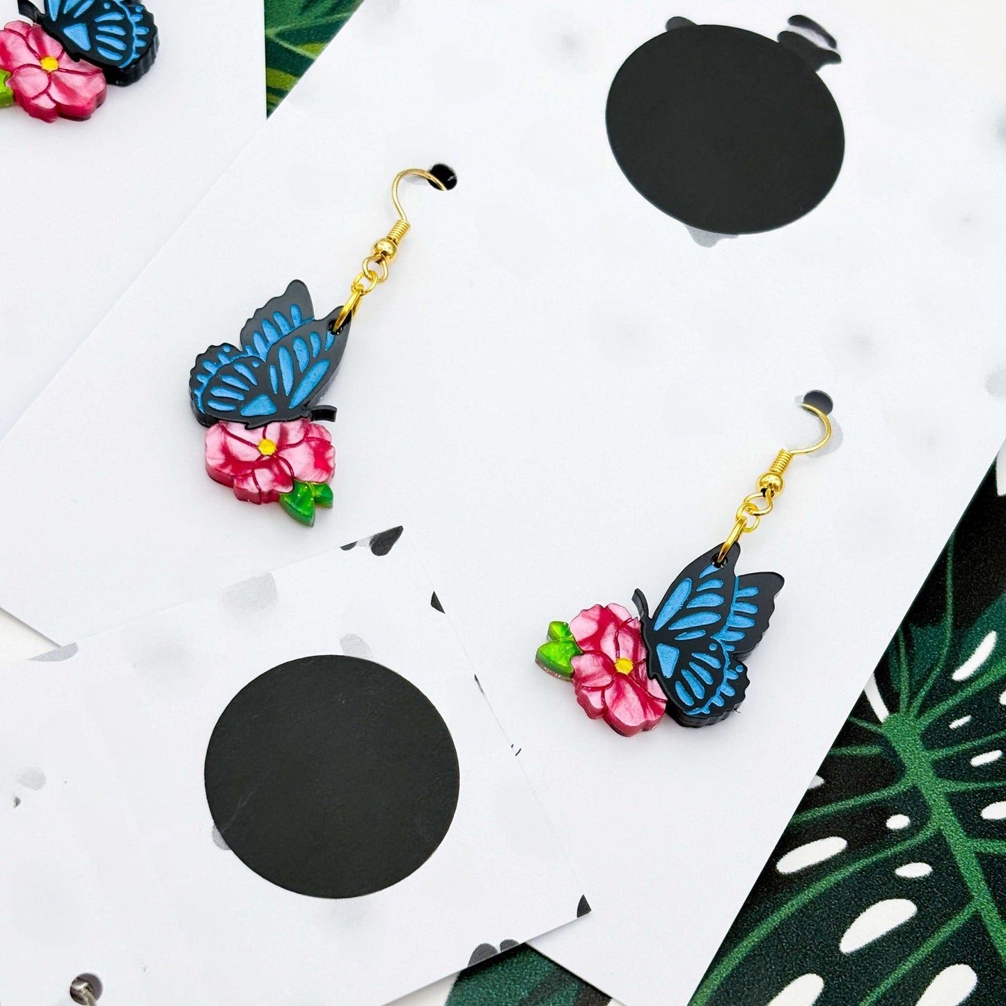 Blue Butterfly & Hot Pink Flower Acrylic Dangle Earrings