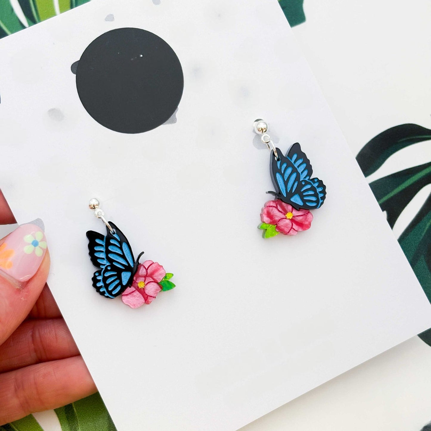 Blue Butterfly & Hot Pink Flower Acrylic Dangle Earrings