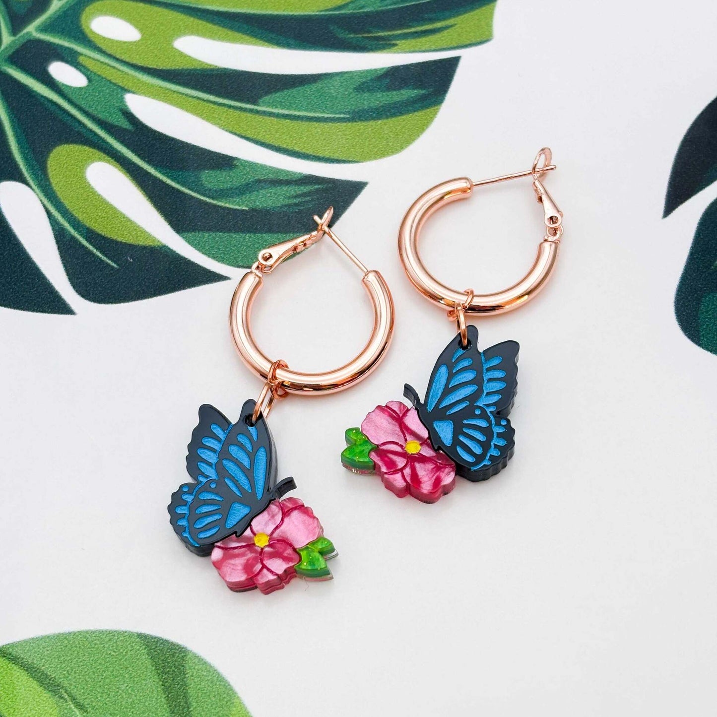 Blue Butterfly & Hot Pink Flower Acrylic Dangle Earrings