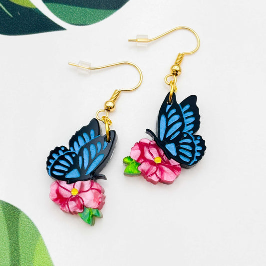 Blue Butterfly & Hot Pink Flower Acrylic Dangle Earrings