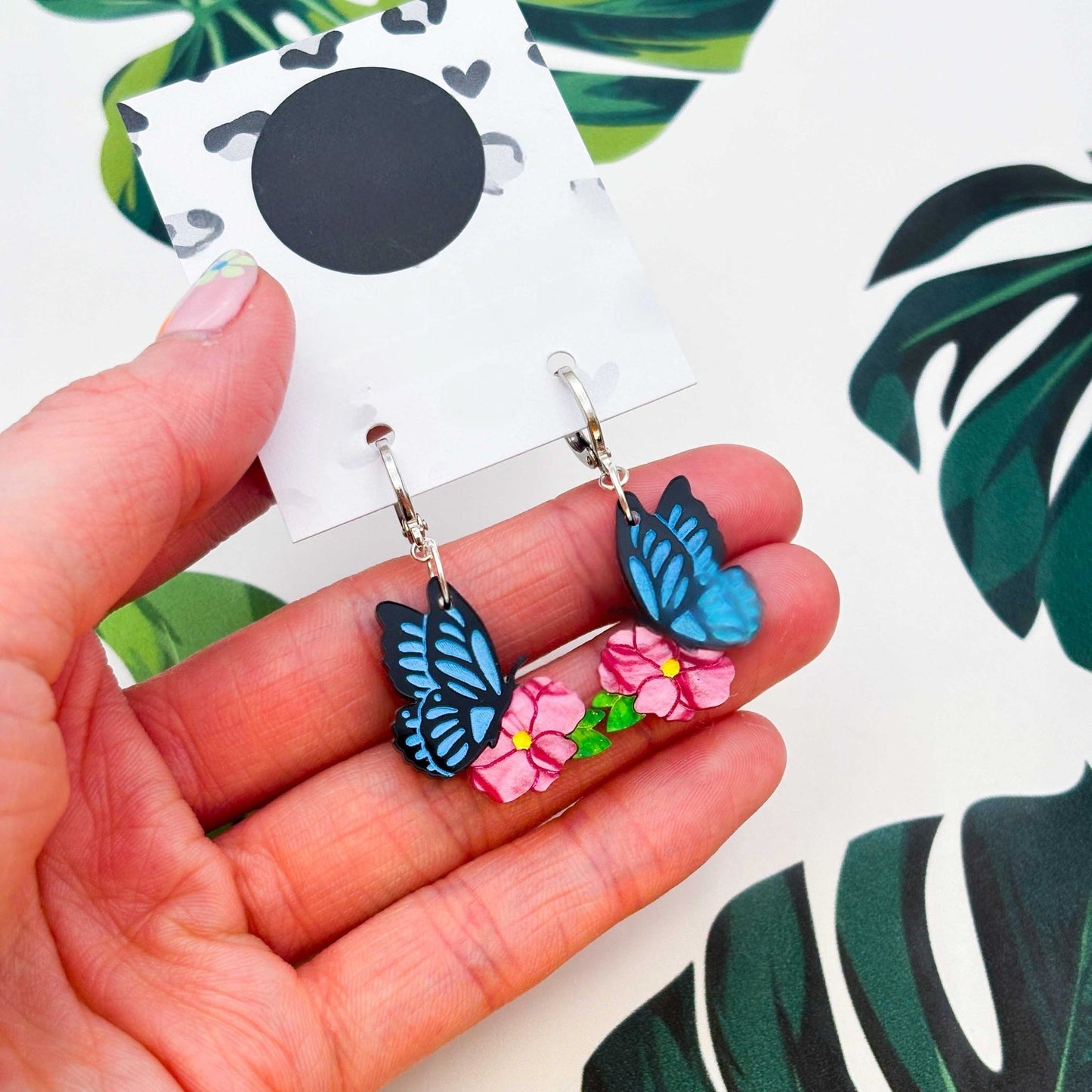 Blue Butterfly & Hot Pink Flower Acrylic Dangle Earrings