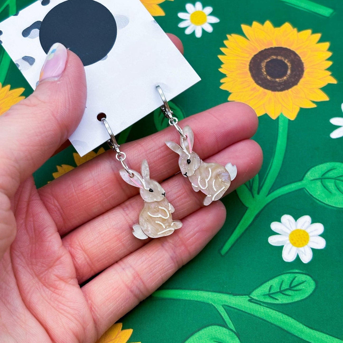 Beige Glitter Marble Bunny Rabbit Acrylic Dangle Earrings