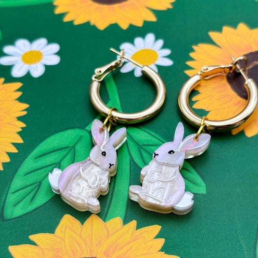 Beige Glitter Marble Bunny Rabbit Acrylic Dangle Earrings