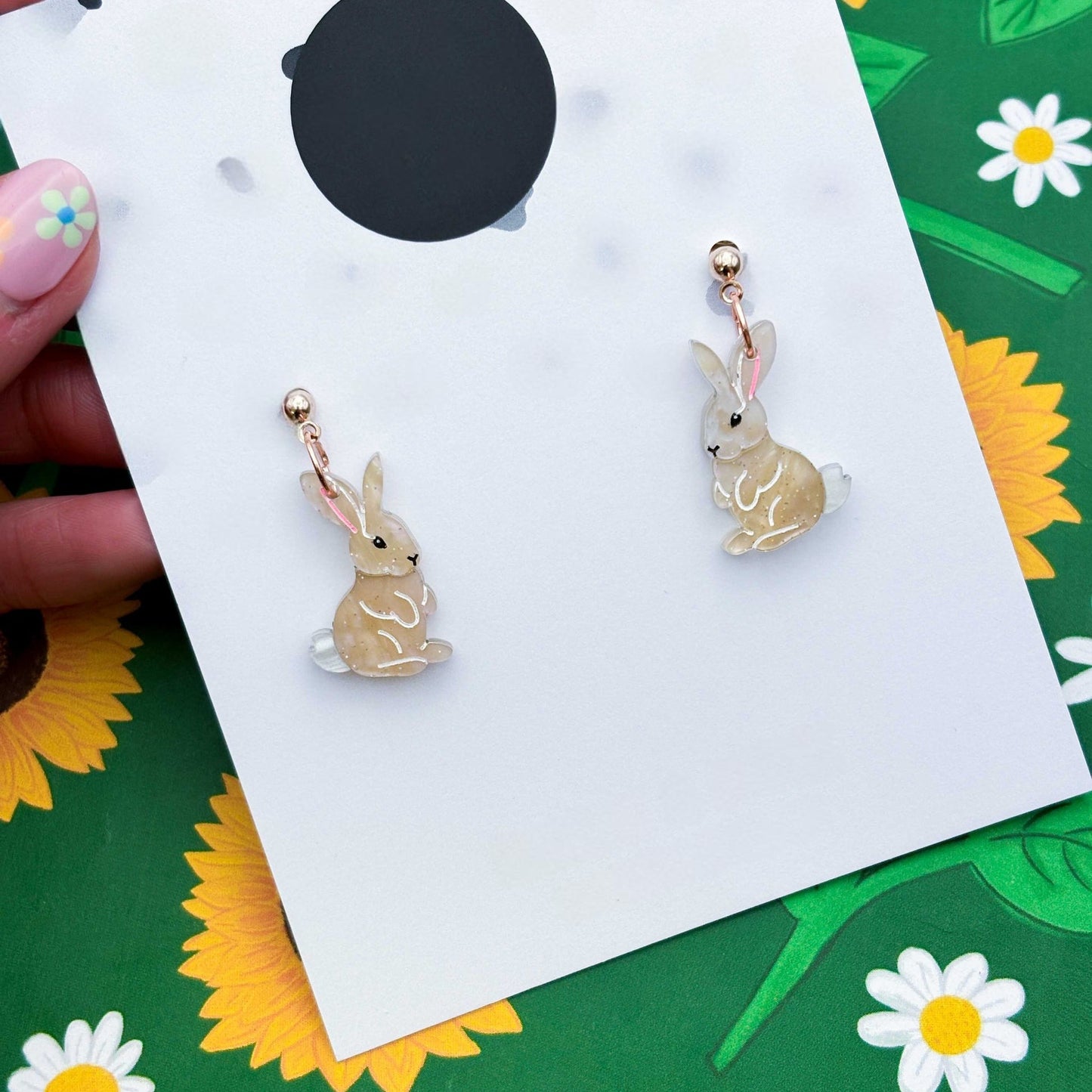 Beige Glitter Marble Bunny Rabbit Acrylic Dangle Earrings