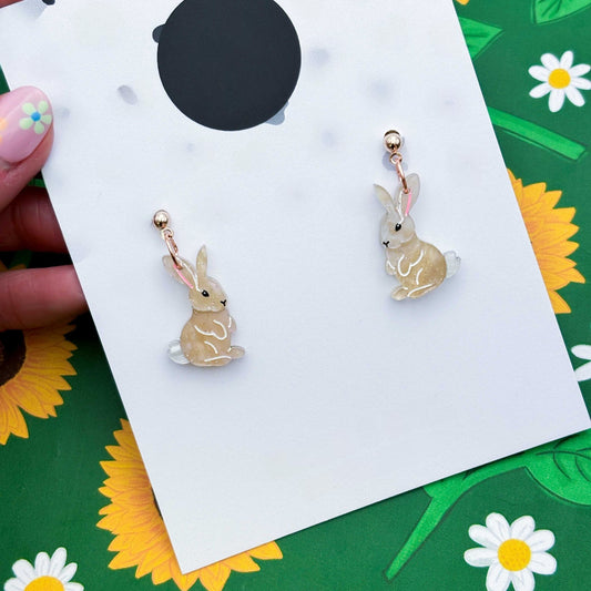 Beige Glitter Marble Bunny Rabbit Acrylic Dangle Earrings