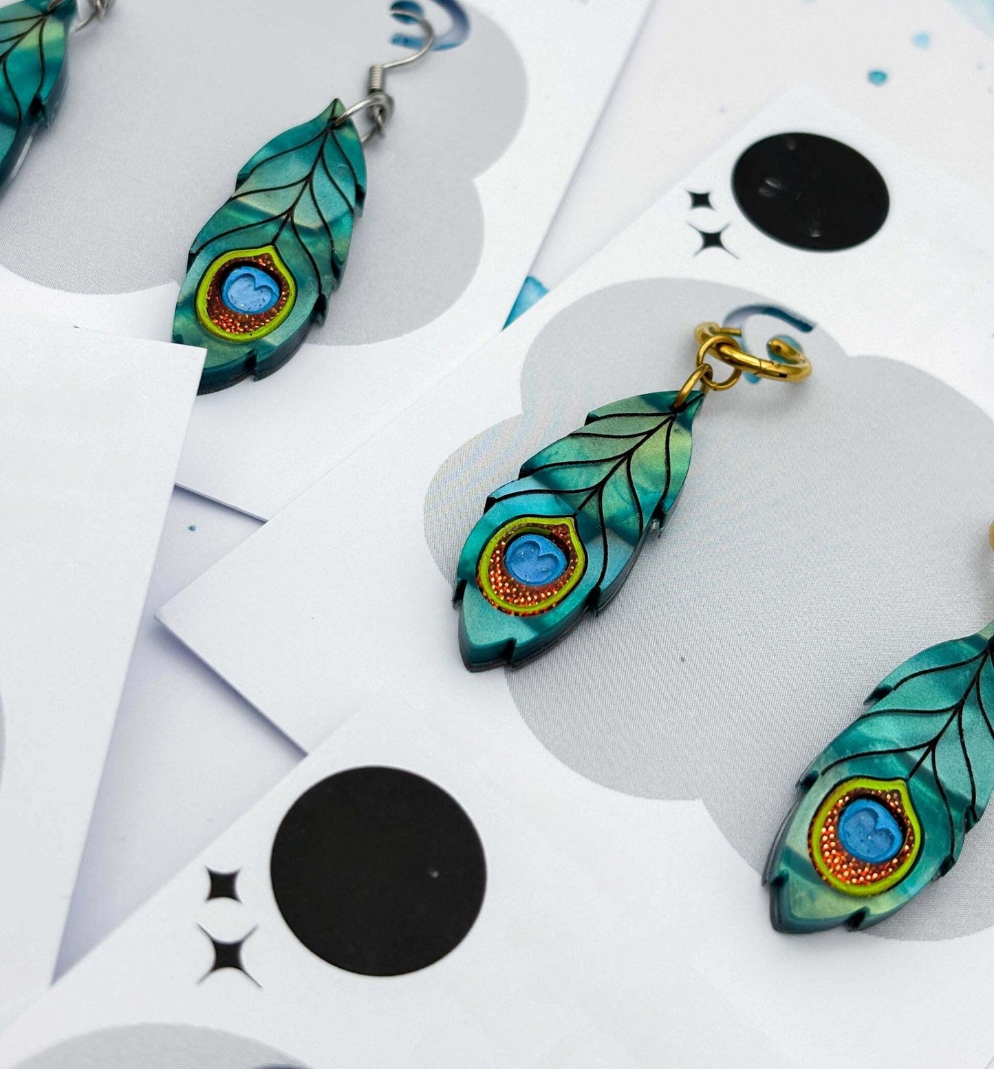 Metallic Teal Green Peacock Feather Acrylic Dangle Earrings