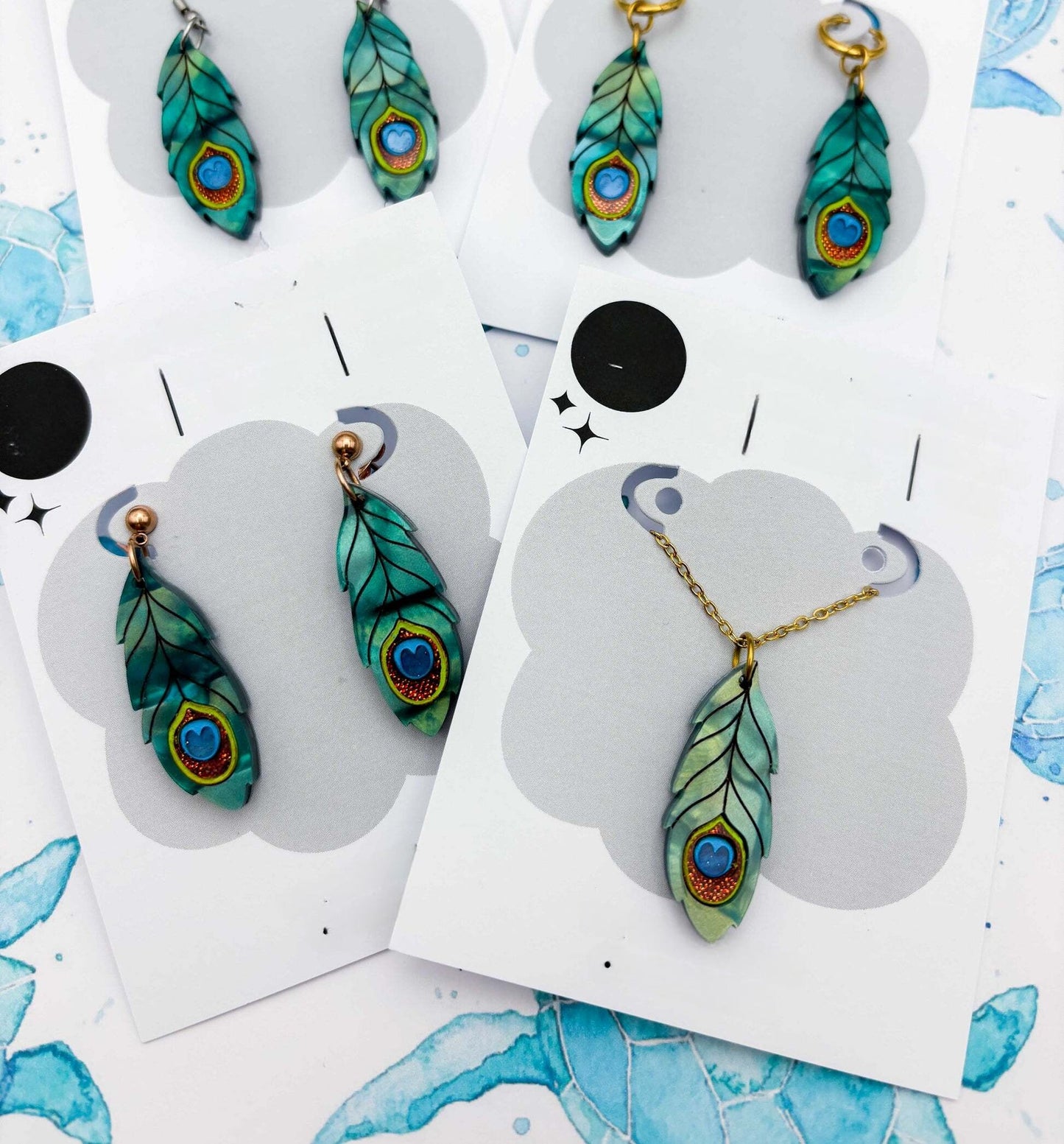 Metallic Teal Green Peacock Feather Acrylic Dangle Earrings
