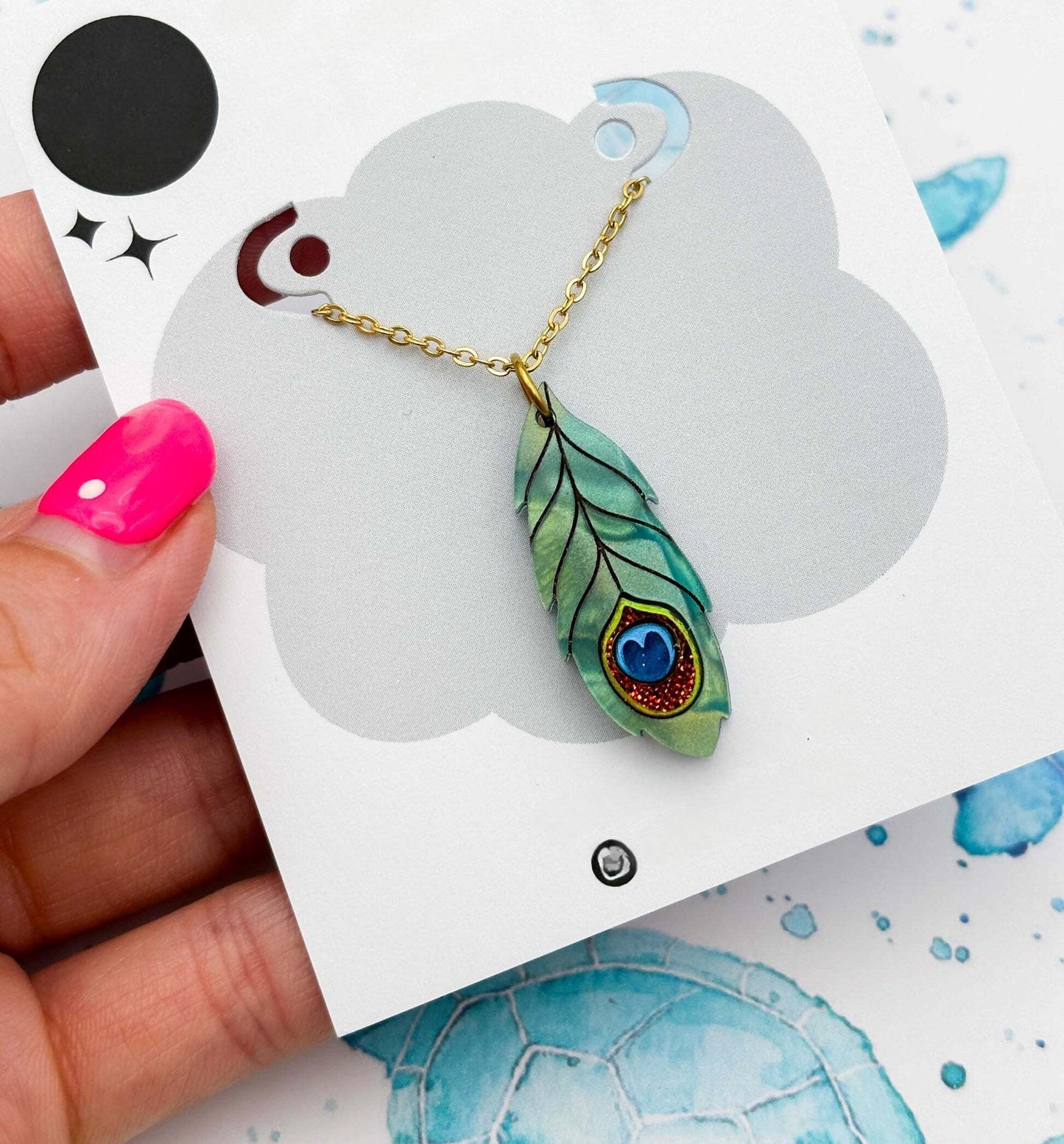 Metallic Teal Green Peacock Feather Acrylic Dangle Earrings