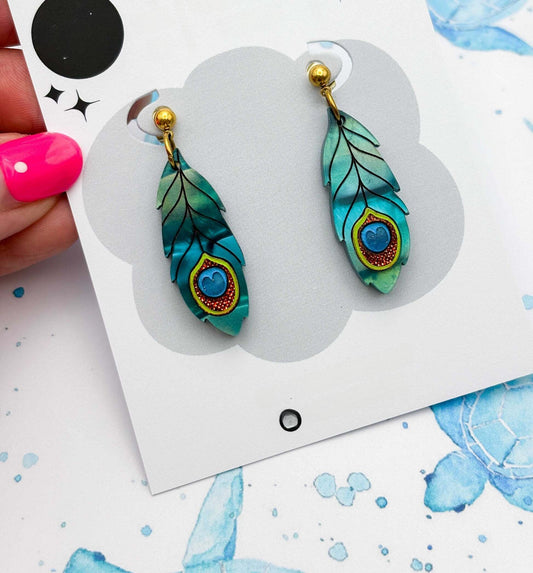 Metallic Teal Green Peacock Feather Acrylic Dangle Earrings