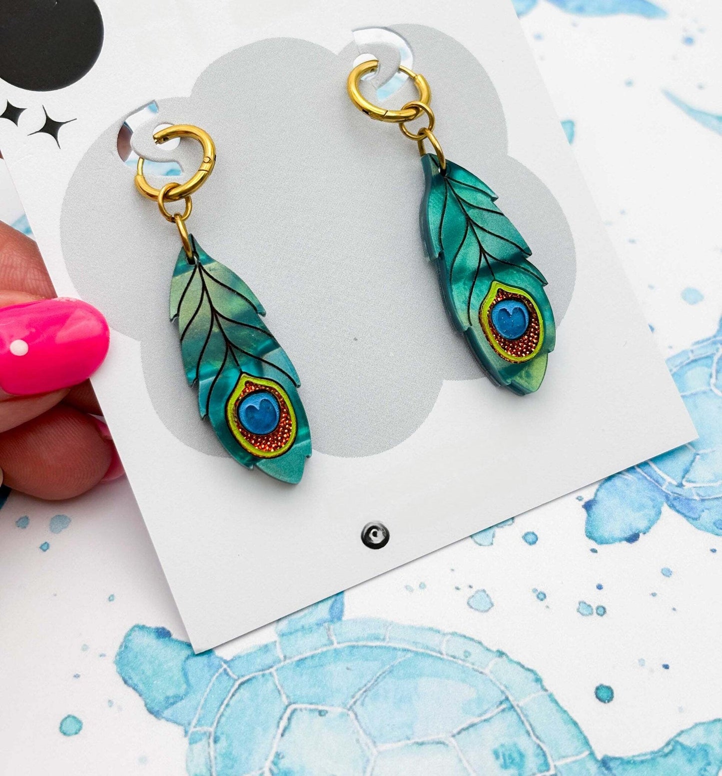 Metallic Teal Green Peacock Feather Acrylic Dangle Earrings