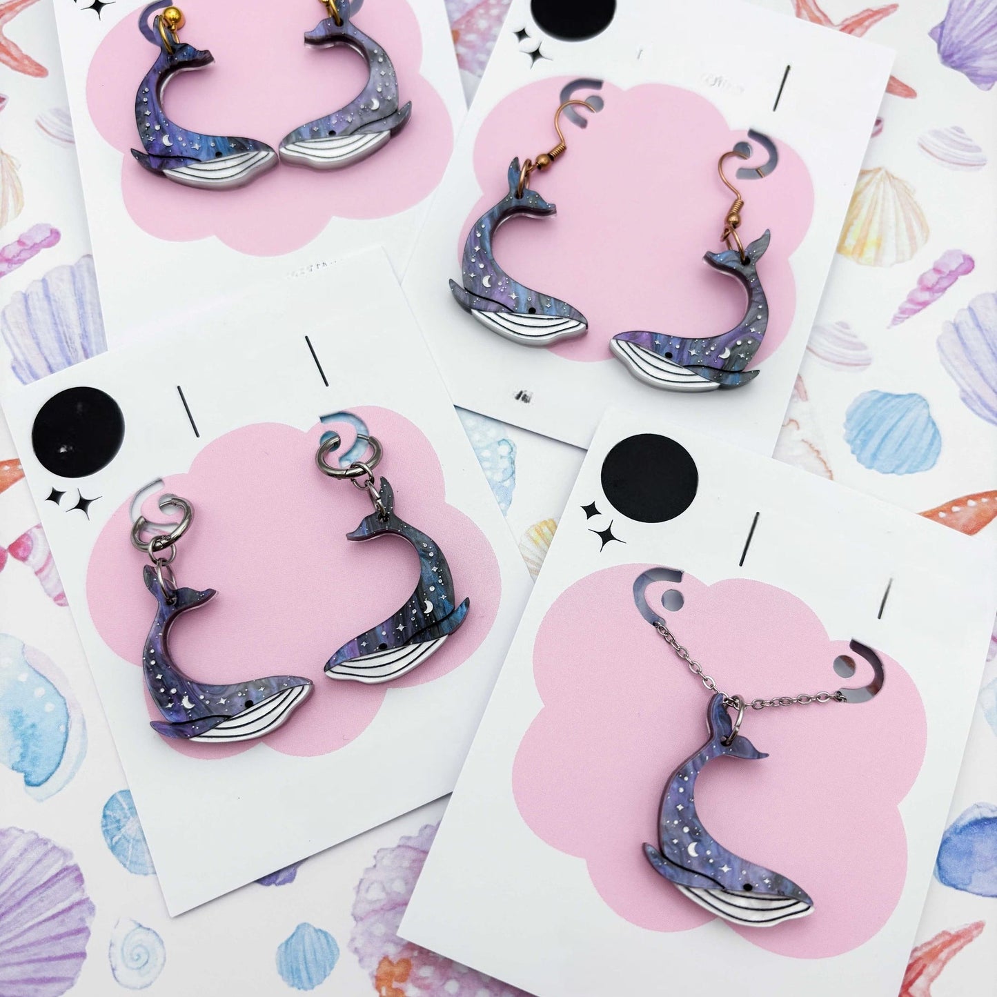 Grey Blue Glitter Marble Celestial Whale Acrylic Dangle Earrings