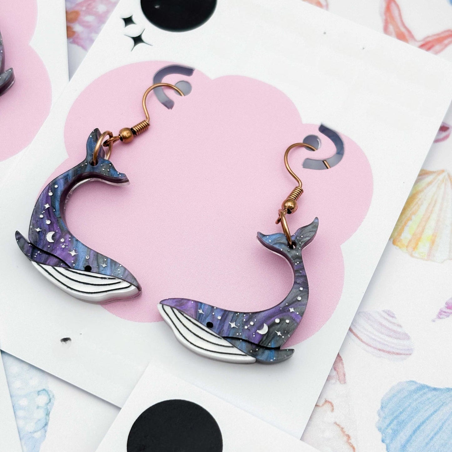 Grey Blue Glitter Marble Celestial Whale Acrylic Dangle Earrings
