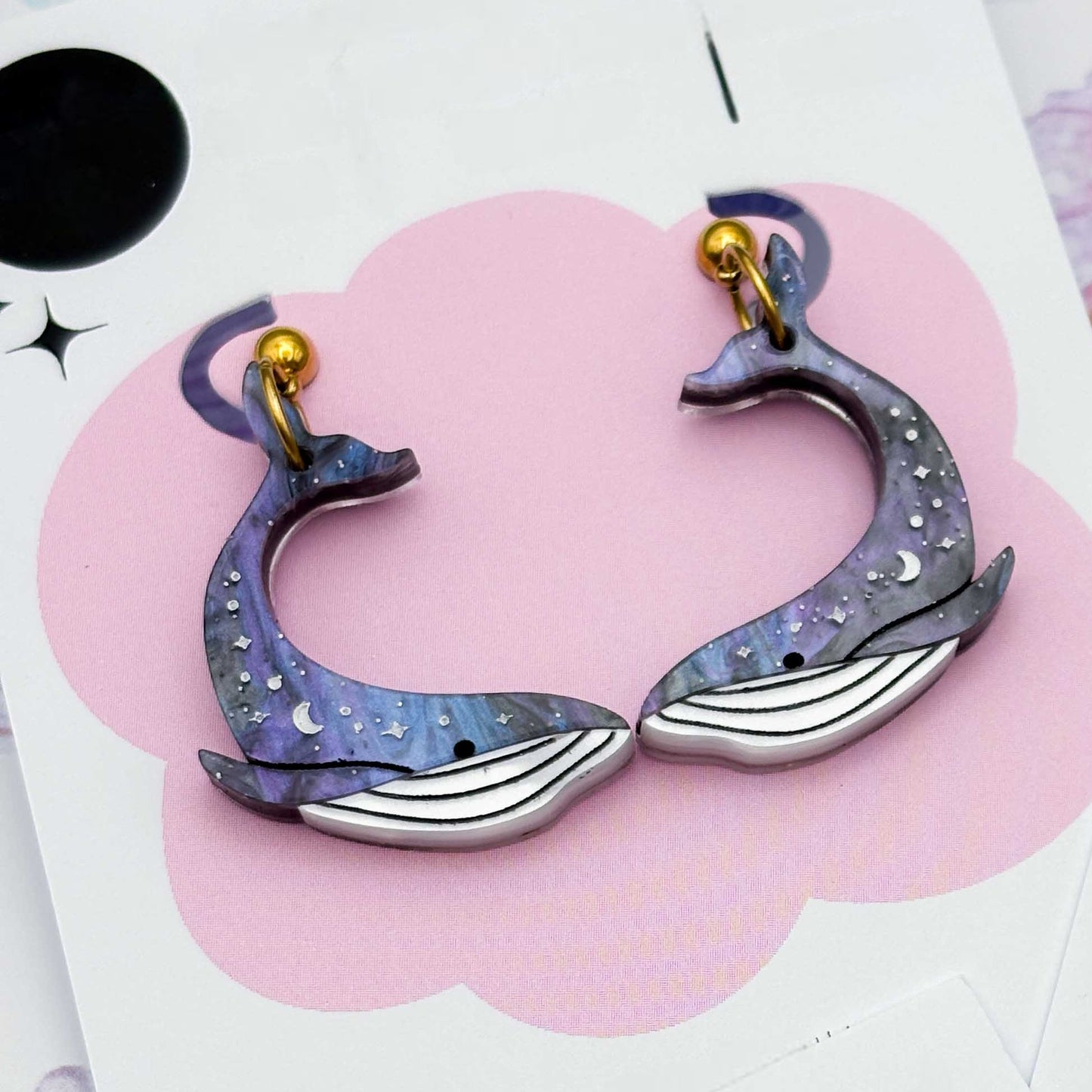 Grey Blue Glitter Marble Celestial Whale Acrylic Dangle Earrings