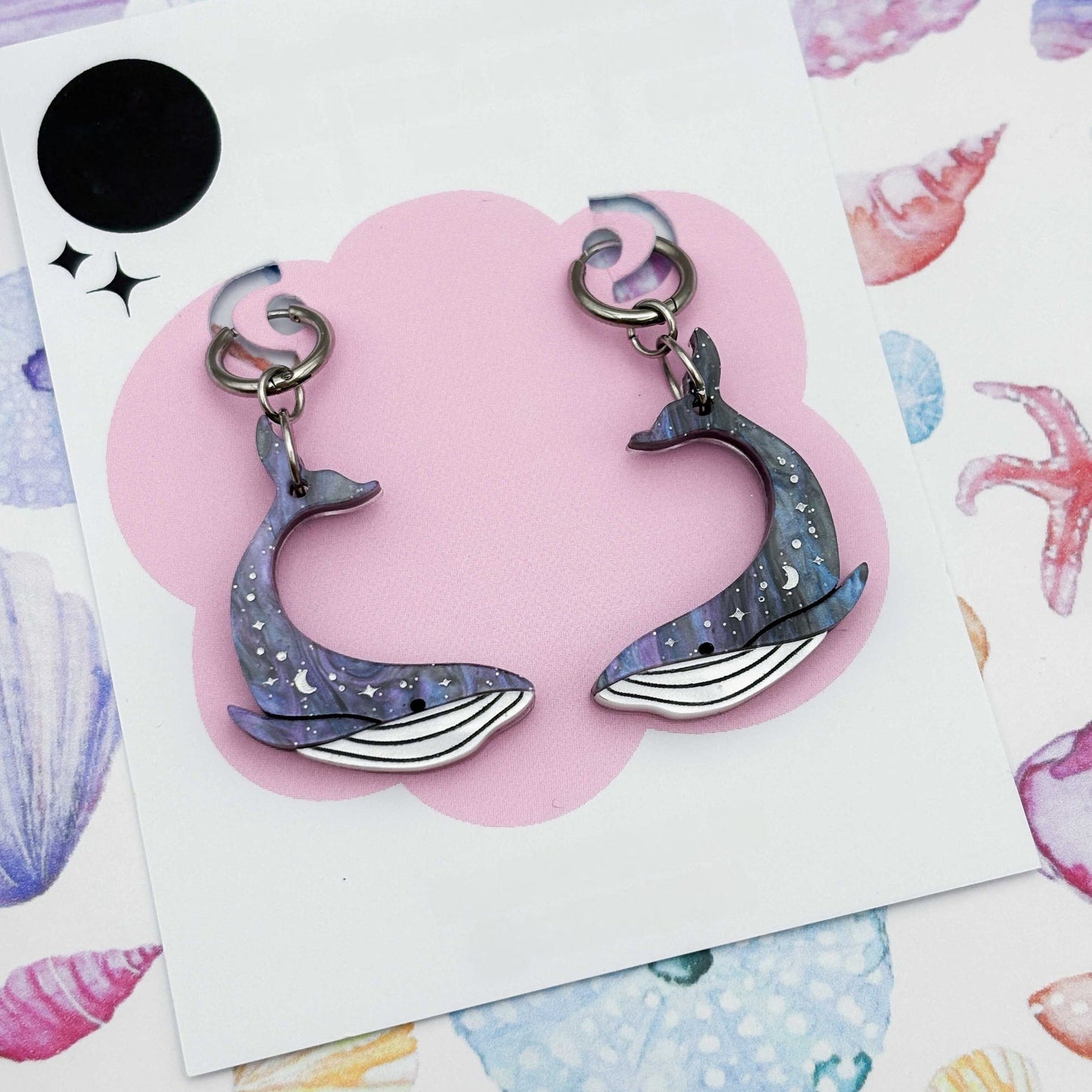 Grey Blue Glitter Marble Celestial Whale Acrylic Dangle Earrings