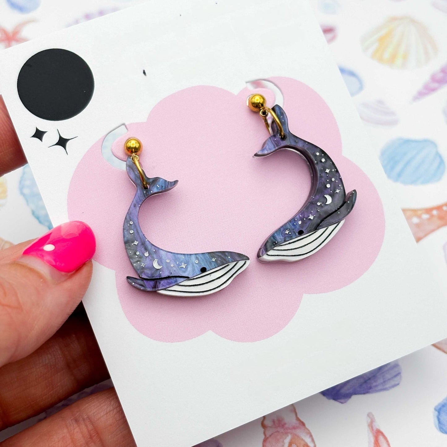 Grey Blue Glitter Marble Celestial Whale Acrylic Dangle Earrings