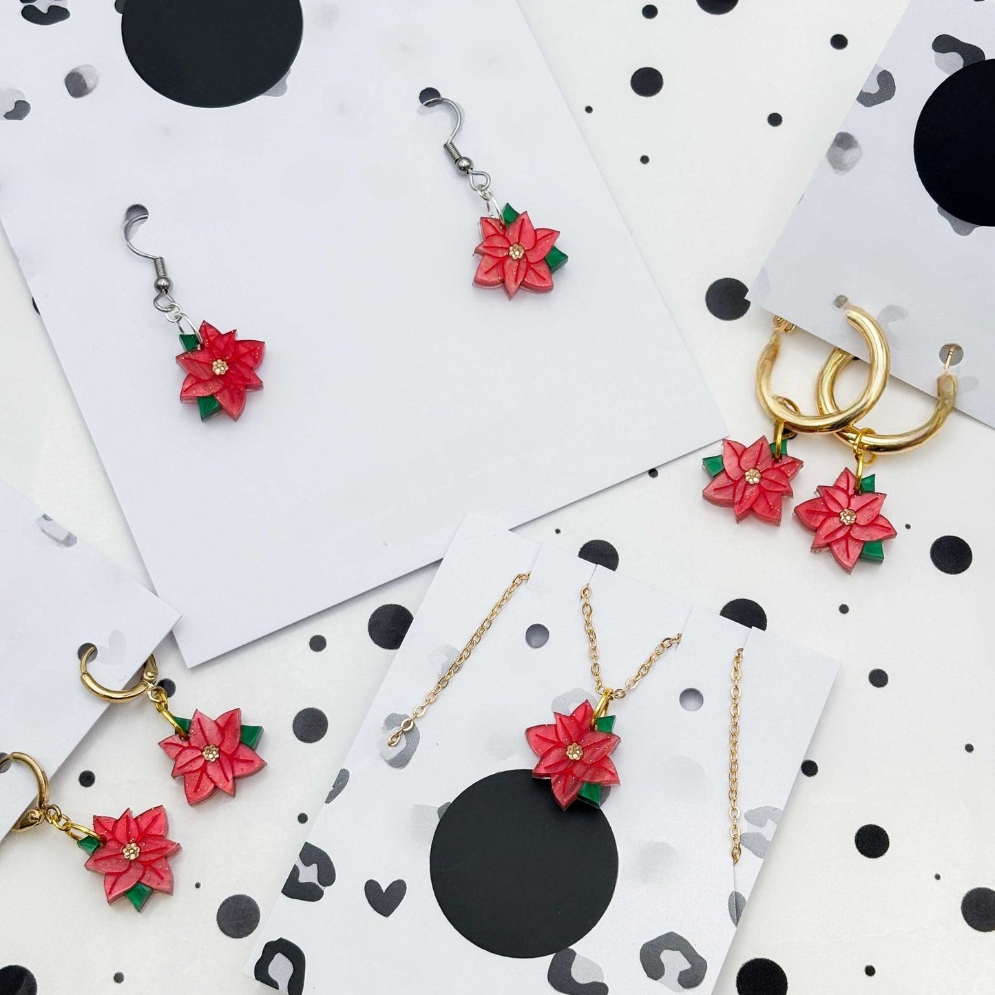 Red Glitter Marble Poinsettia Acrylic Dangle Earrings