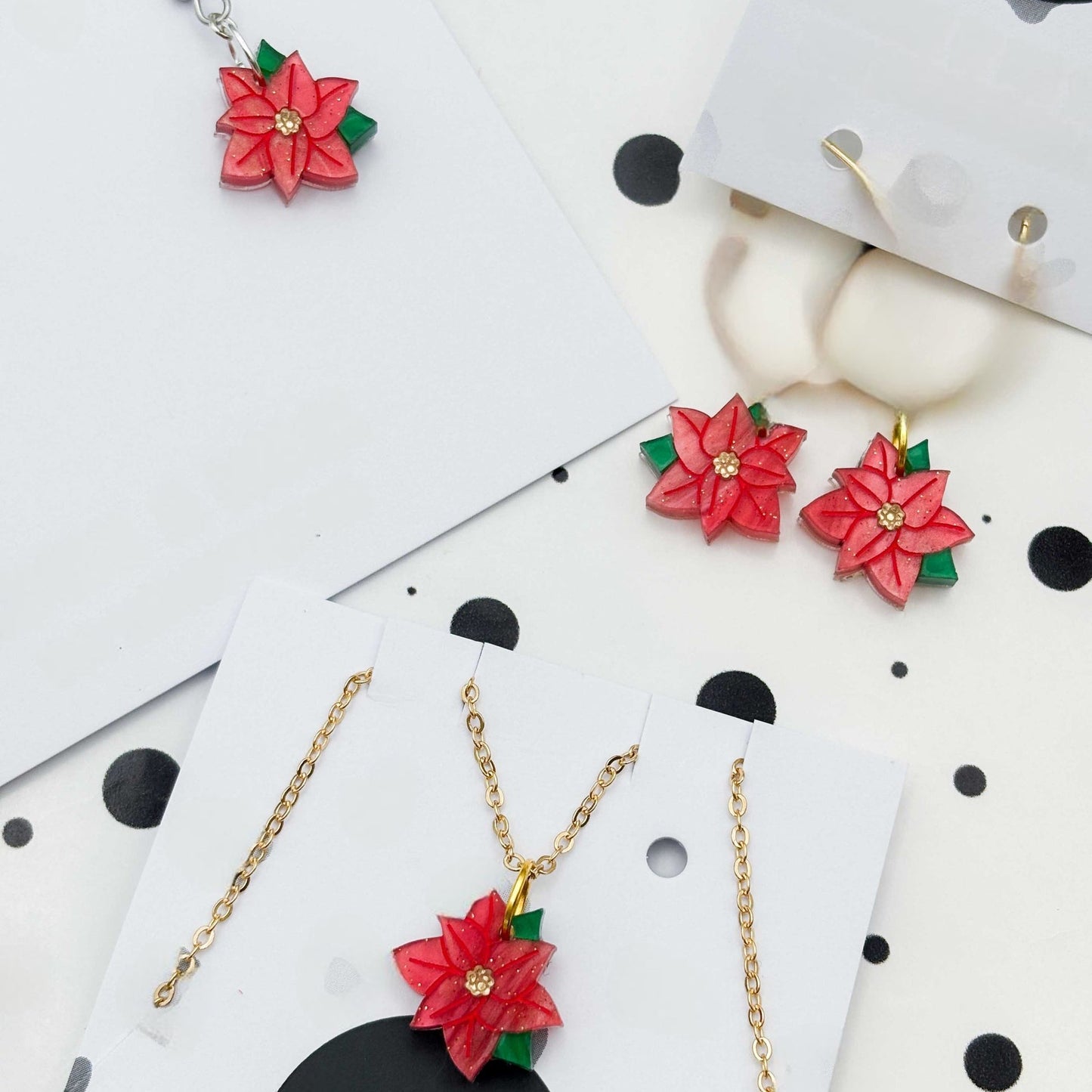Red Glitter Marble Poinsettia Acrylic Dangle Earrings