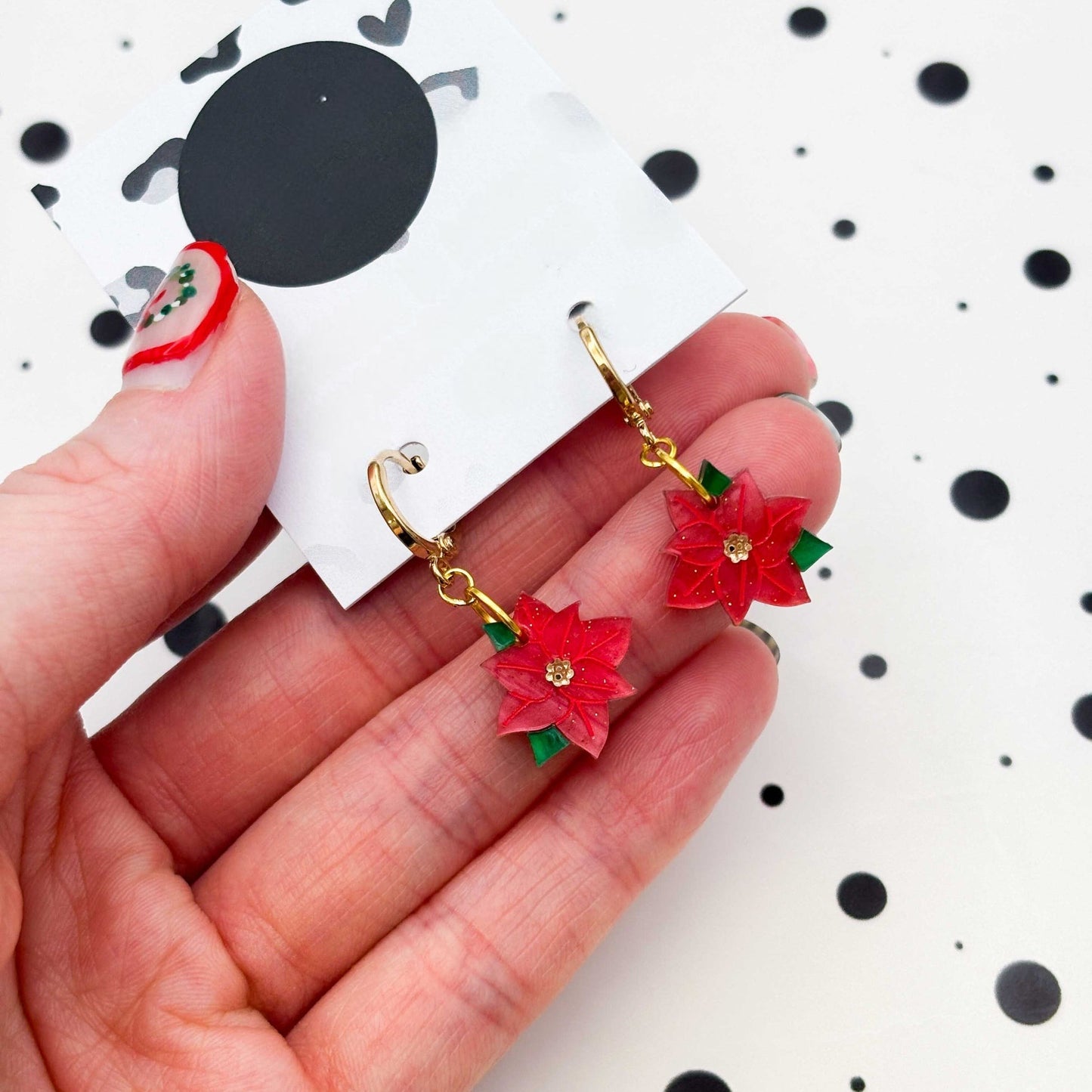 Red Glitter Marble Poinsettia Acrylic Dangle Earrings