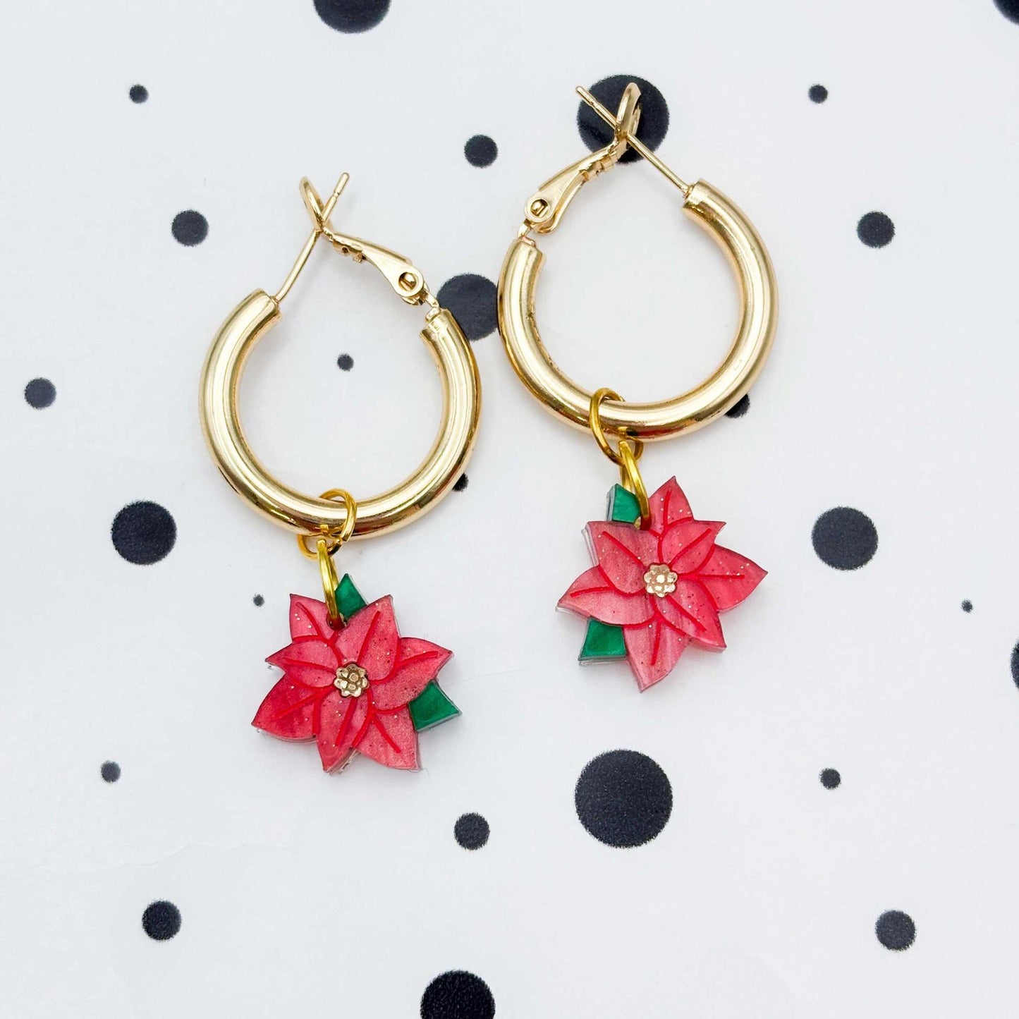 Red Glitter Marble Poinsettia Acrylic Dangle Earrings