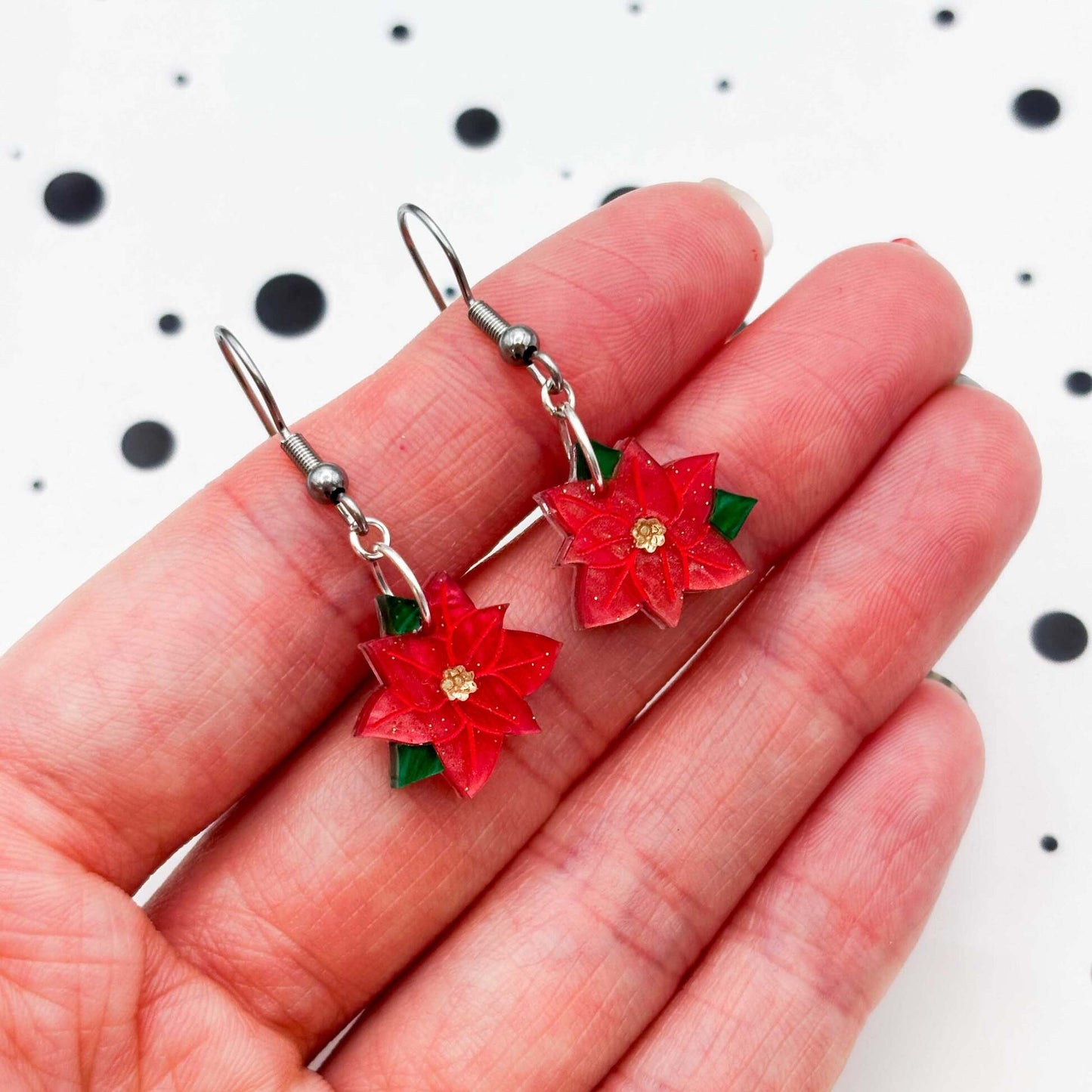 Red Glitter Marble Poinsettia Acrylic Dangle Earrings