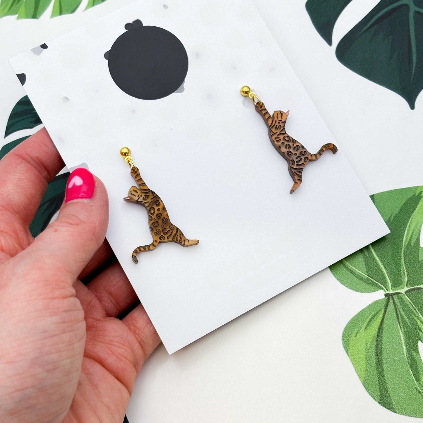 Brown Bengal Cat Acrylic Dangle Earrings