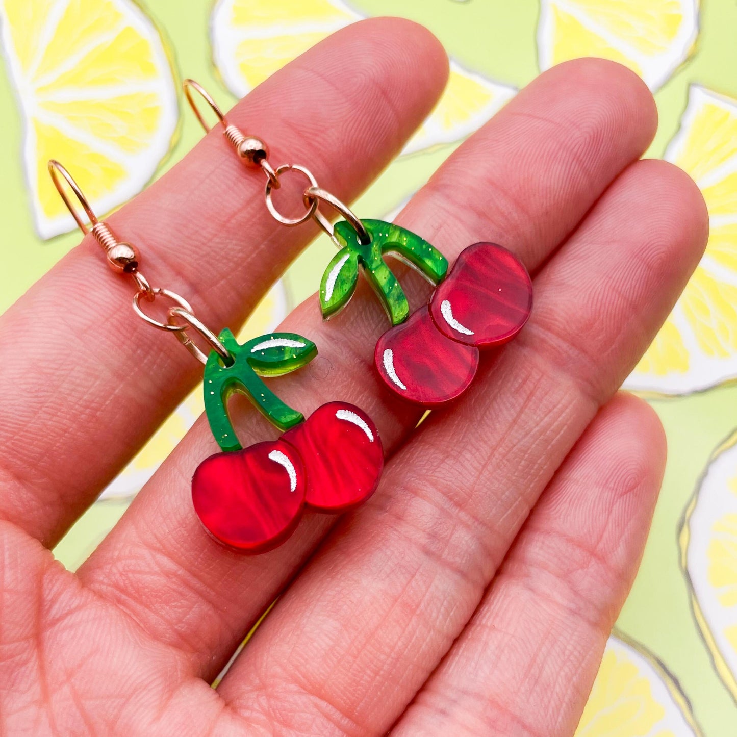 Deep Red Marble Cherry Acrylic Dangle Earrings