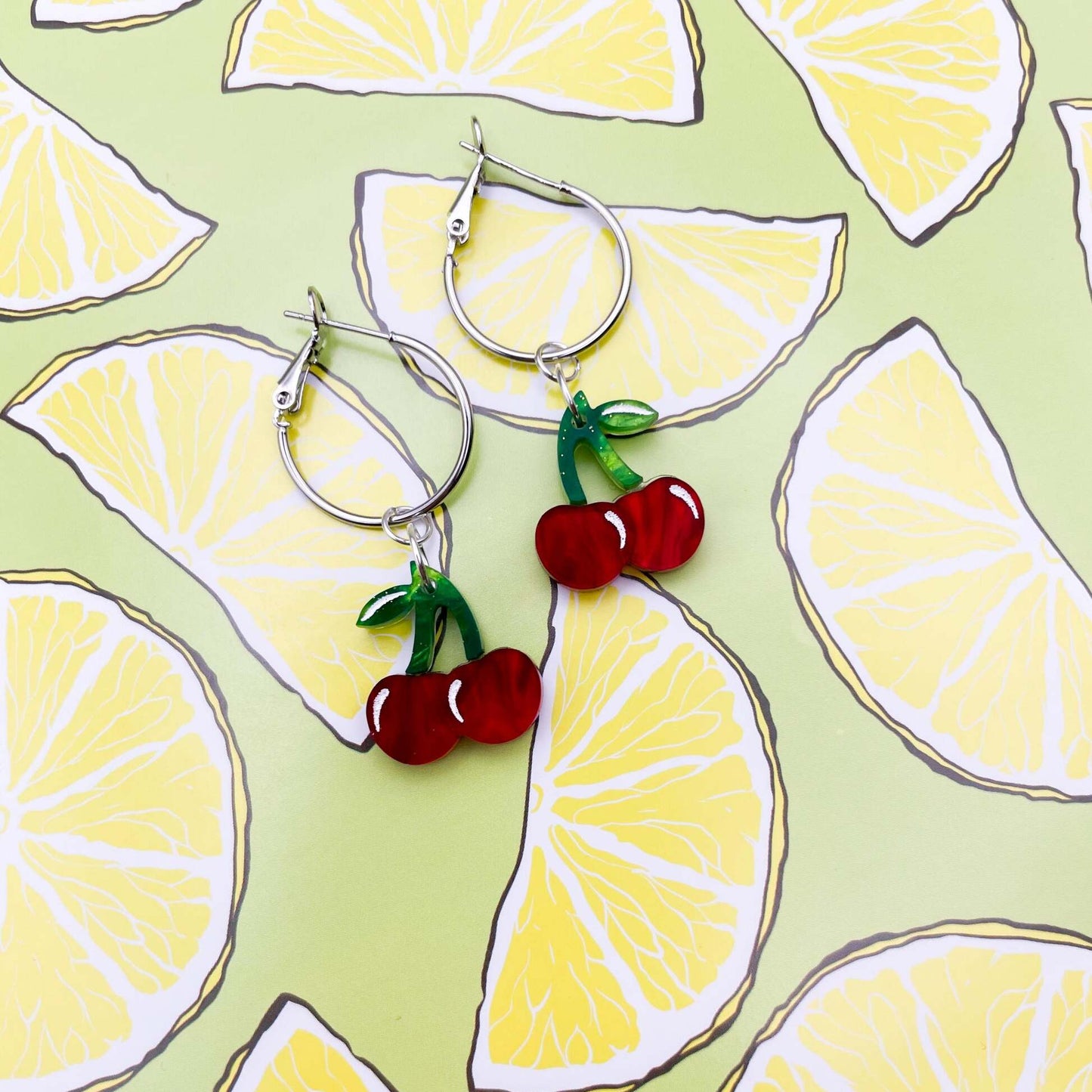 Deep Red Marble Cherry Acrylic Dangle Earrings