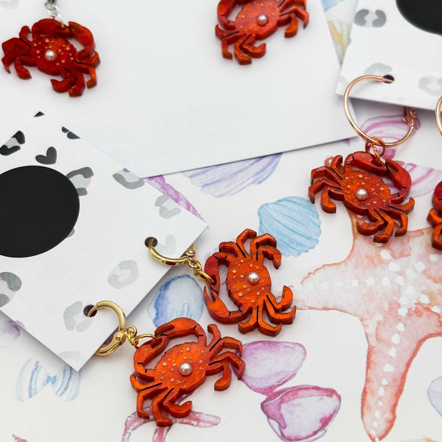 Bright Orange Crab & Pearl Acrylic Dangle Earrings