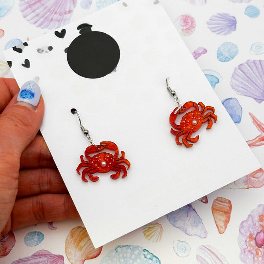 Bright Orange Crab & Pearl Acrylic Dangle Earrings