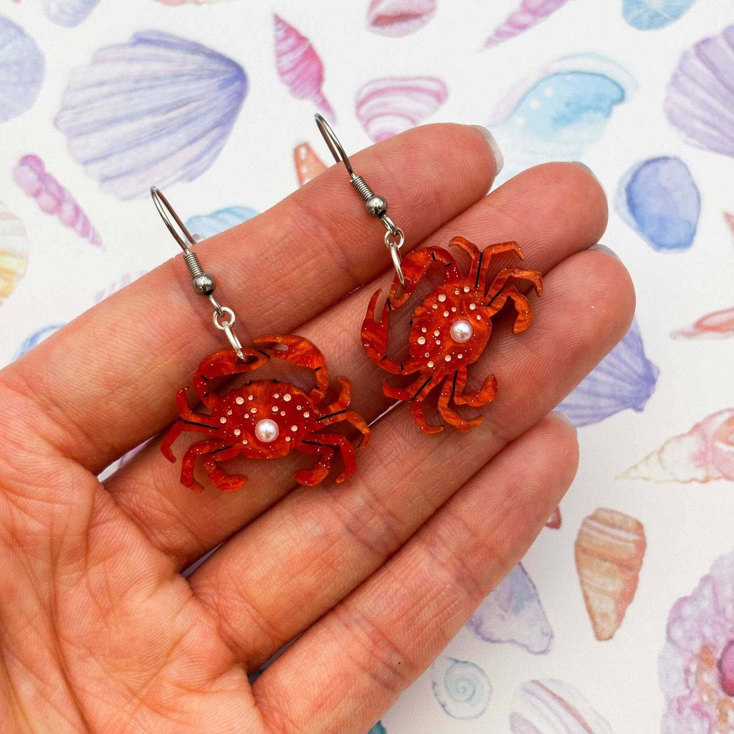 Bright Orange Crab & Pearl Acrylic Dangle Earrings